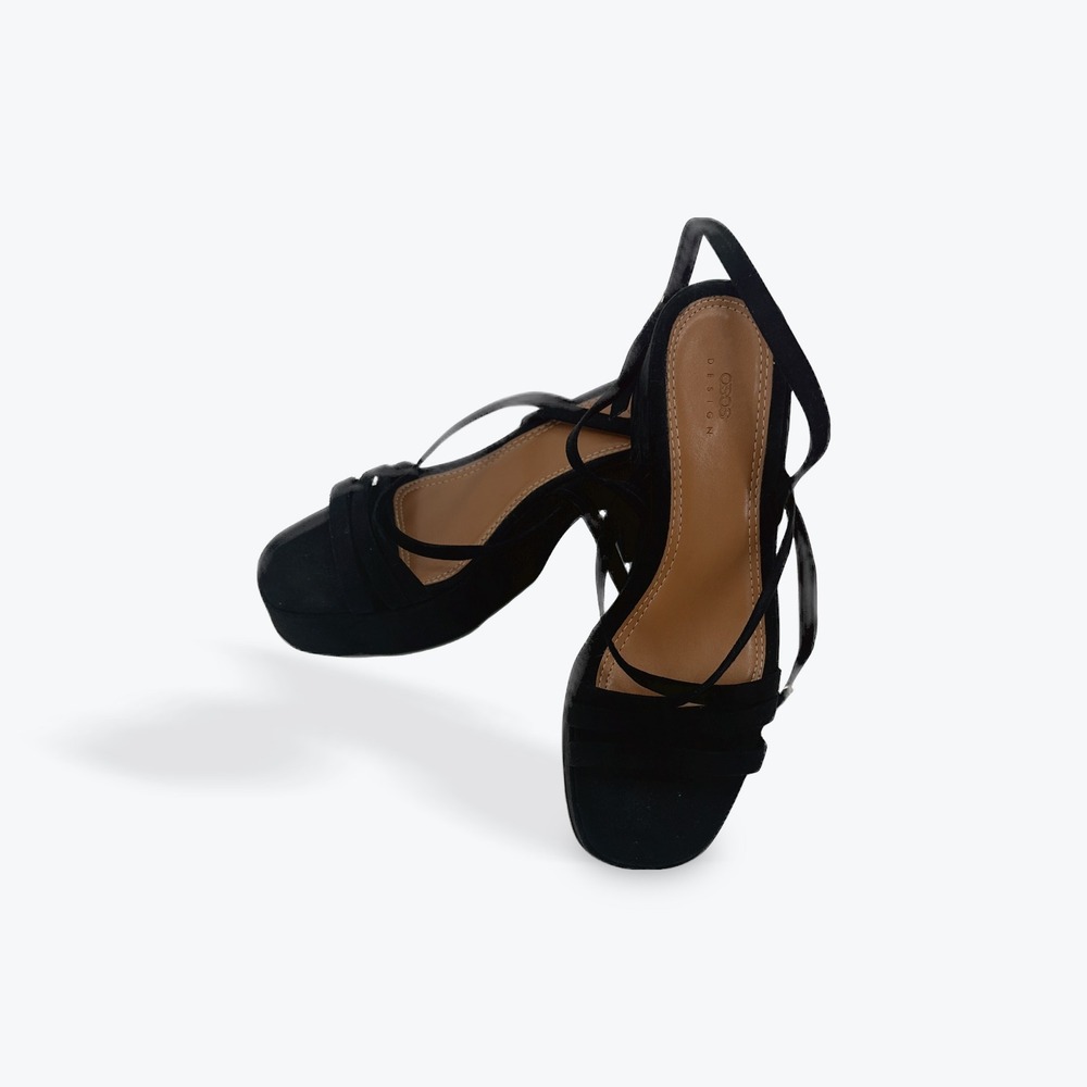ASOS Design Black Faux Suede Platform Heels Strappy‎ Ankle Tie Up Sandals